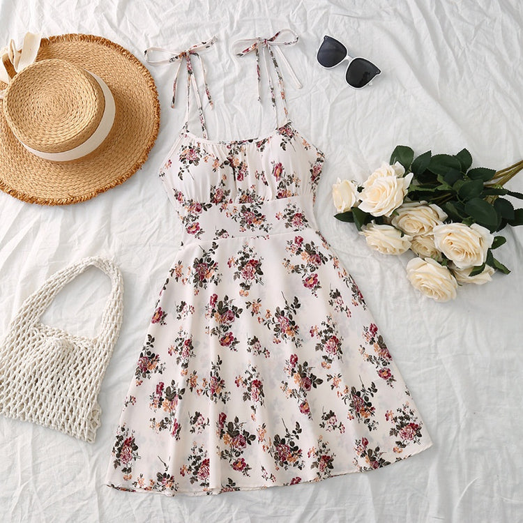 Floral Print Dress Summer Sweet A- Line Waist Trimming Dresses Women&