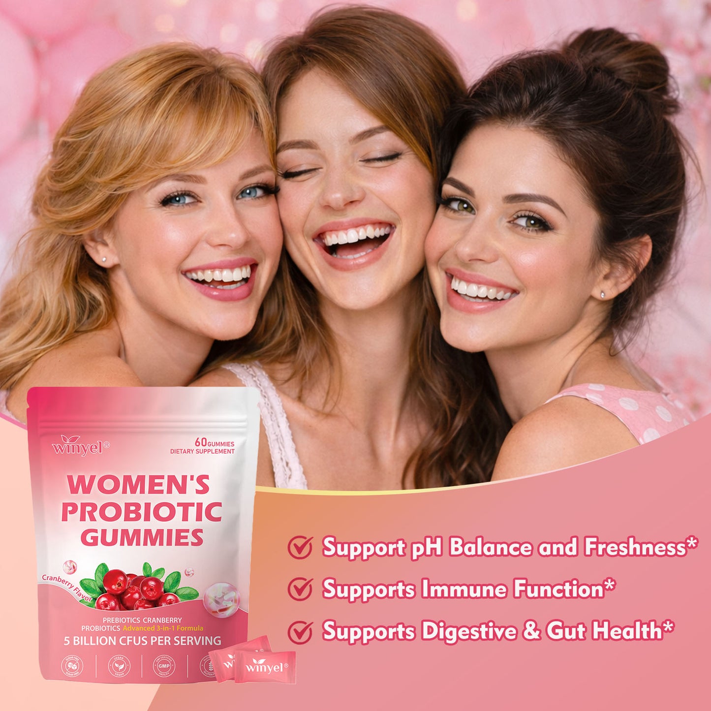 Women's Probiotic Gummies Cranberry Flavor 60 Vegan Gummies Per Pack For Intimate Health PH Balance & Freshness Support Individually Packaged For Convenience - Healthcare, Dietary