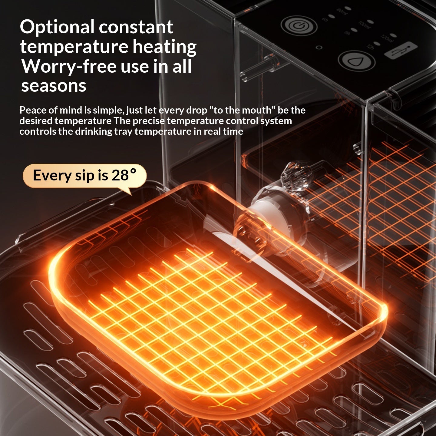 Thermostatically Controlled Plug-Free Pet Water Fountain With Automatic Tilting Feature Flowing Water by DigestWell Co.