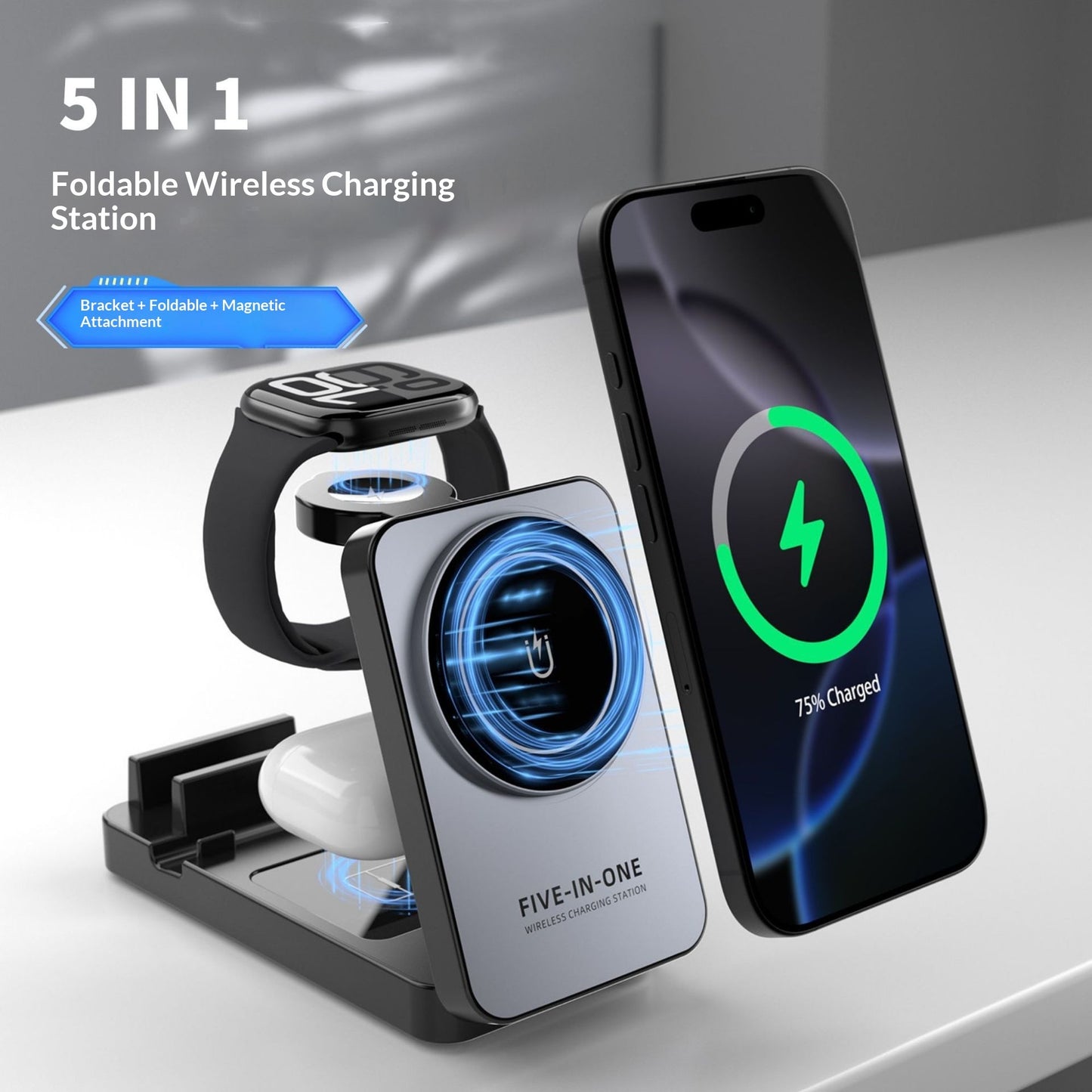5-in-1 Multifunctional Wireless Charging Station With A Foldable Magnetic Holder For Your Desk by DigestWell Co.