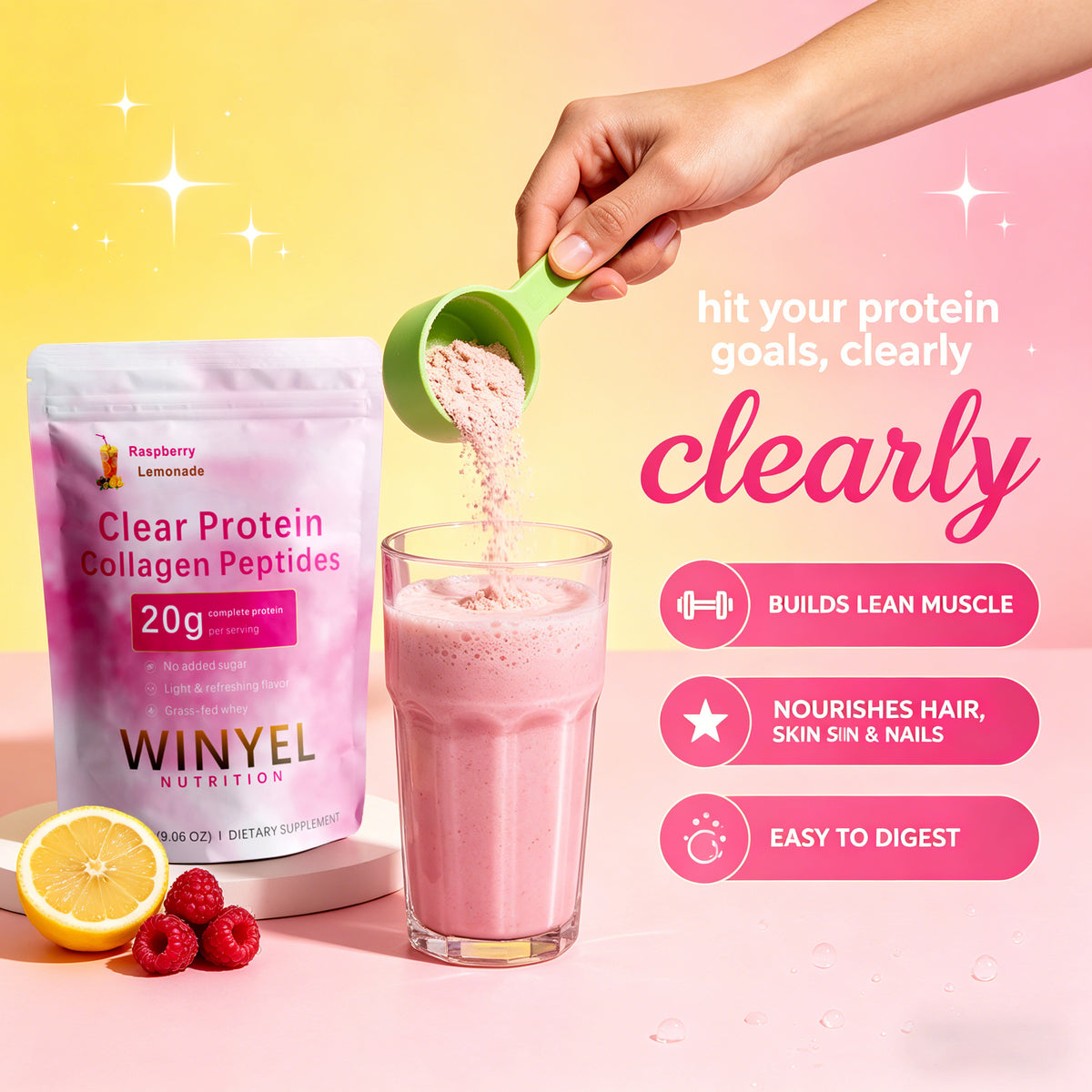 WINYEL Nutrition Clear Protein Collagen Peptides, Raspberry Lemonade, 20g Protein, Zero Sugar, Grass-Fed Whey, 250g by DigestWell Co.