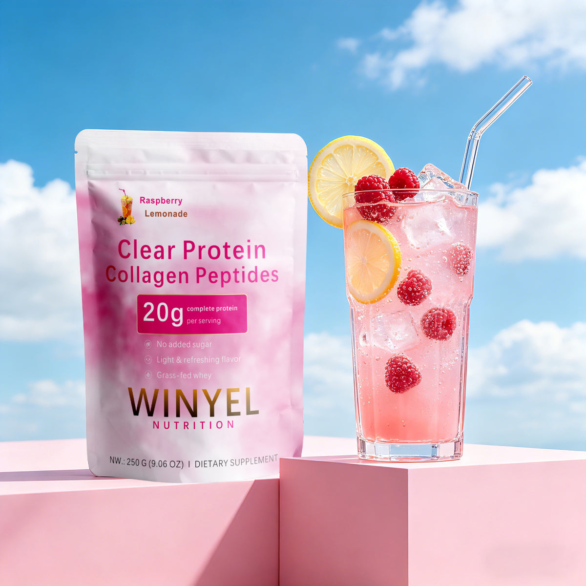 WINYEL Nutrition Clear Protein Collagen Peptides, Raspberry Lemonade, 20g Protein, Zero Sugar, Grass-Fed Whey, 250g by DigestWell Co.