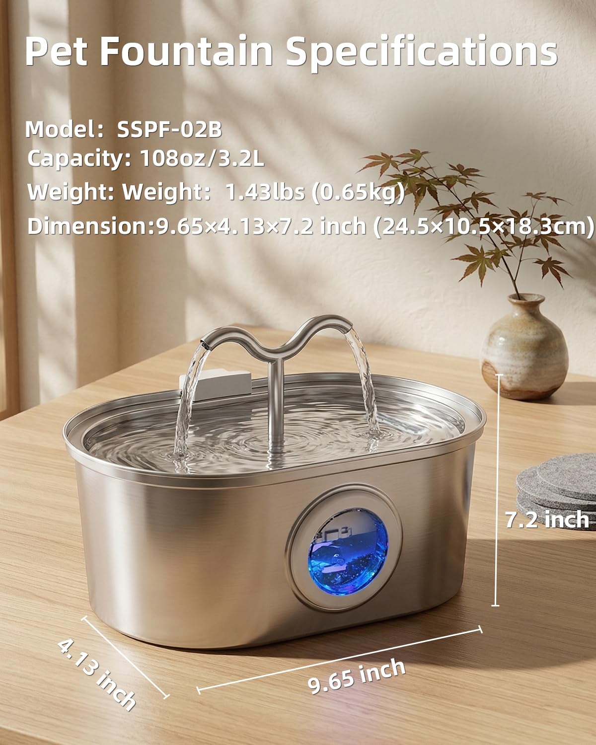 Stainless Steel Cat Water Fountain, 108oz-3.2L Pet Water Fountain For Cats Indoor, With Dual Spouts For Multiple Cats, Ultra-Quiet Automatic Dog Water Dispenser by DigestWell Co.
