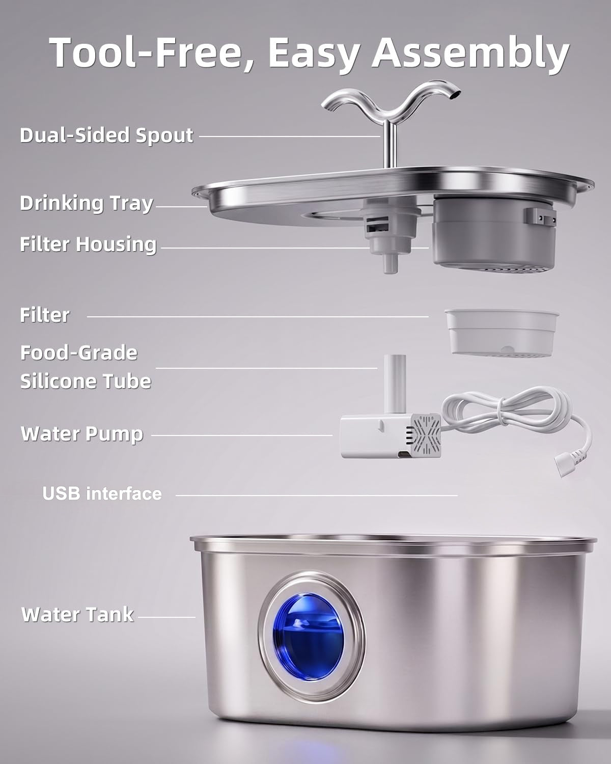 Stainless Steel Cat Water Fountain, 108oz-3.2L Pet Water Fountain For Cats Indoor, With Dual Spouts For Multiple Cats, Ultra-Quiet Automatic Dog Water Dispenser by DigestWell Co.