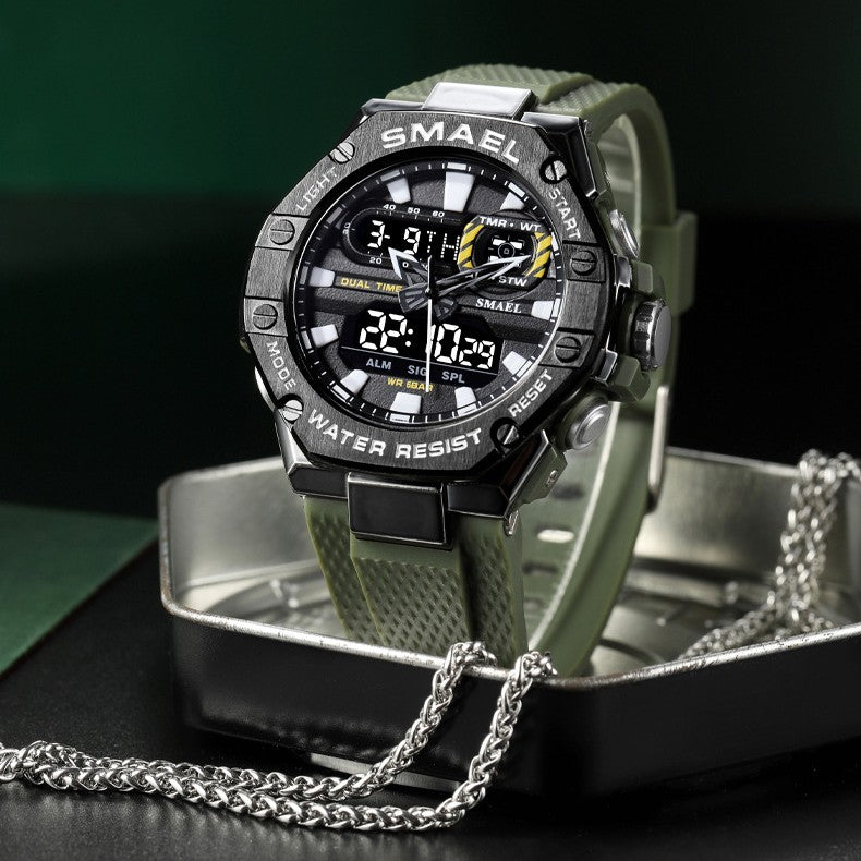 SMAEL watch with green strap and black casing on a dark background