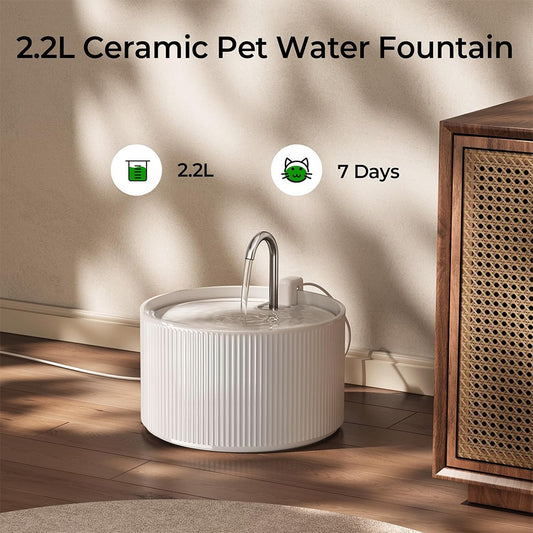 Ceramic Cat Water Fountain 2.2L Pet Automatic Water Dispenser by DigestWell Co.