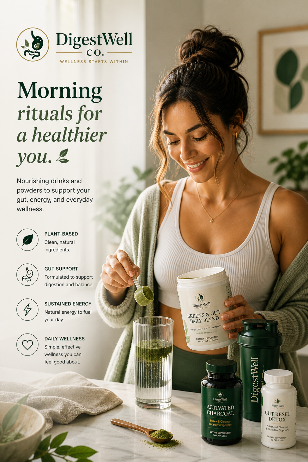 Woman with health and wellness products on a table, featuring DigestWell Co. branding.