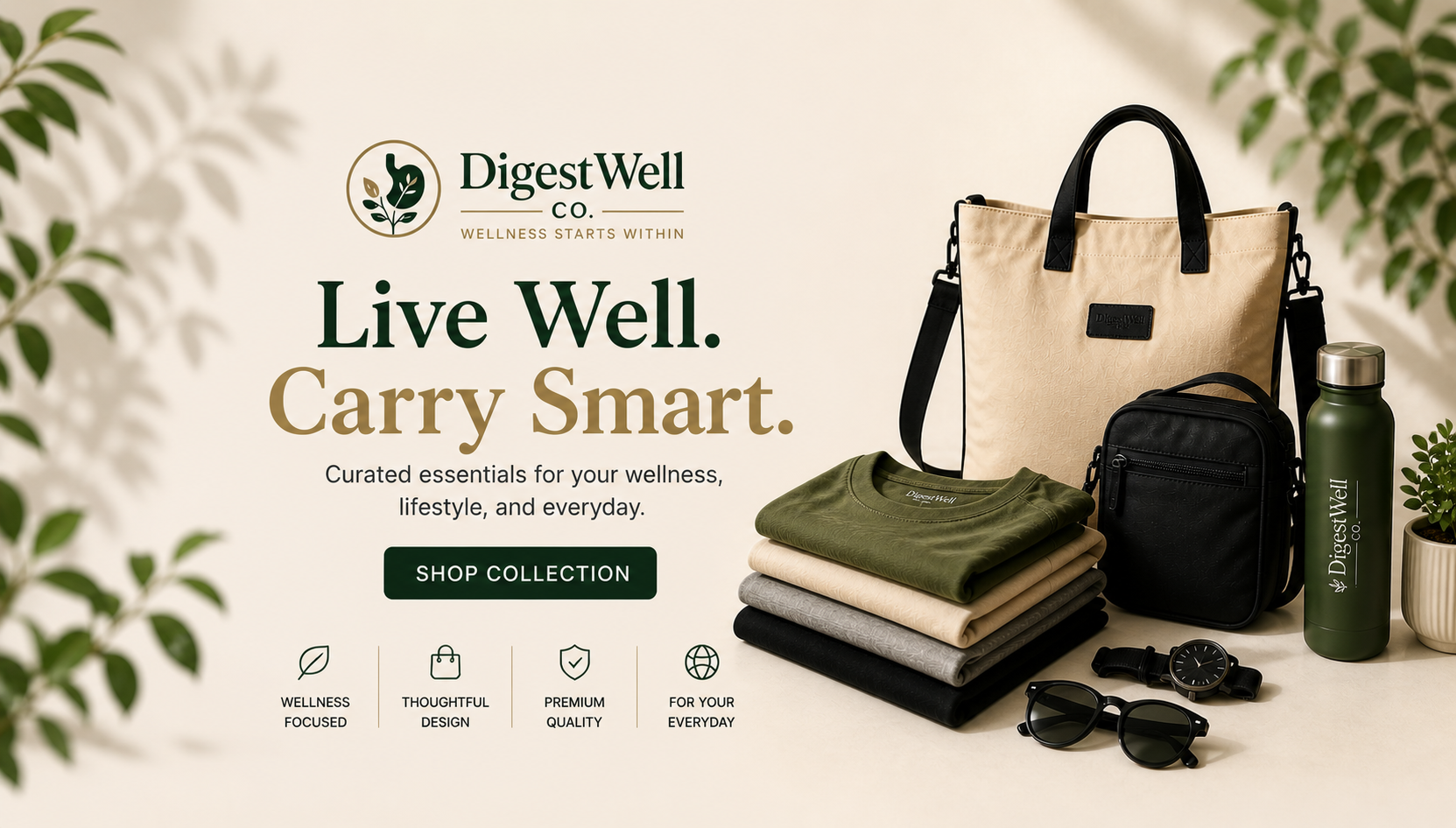 DigestWell Co. advertisement with bags, clothing, and a water bottle on a neutral background.