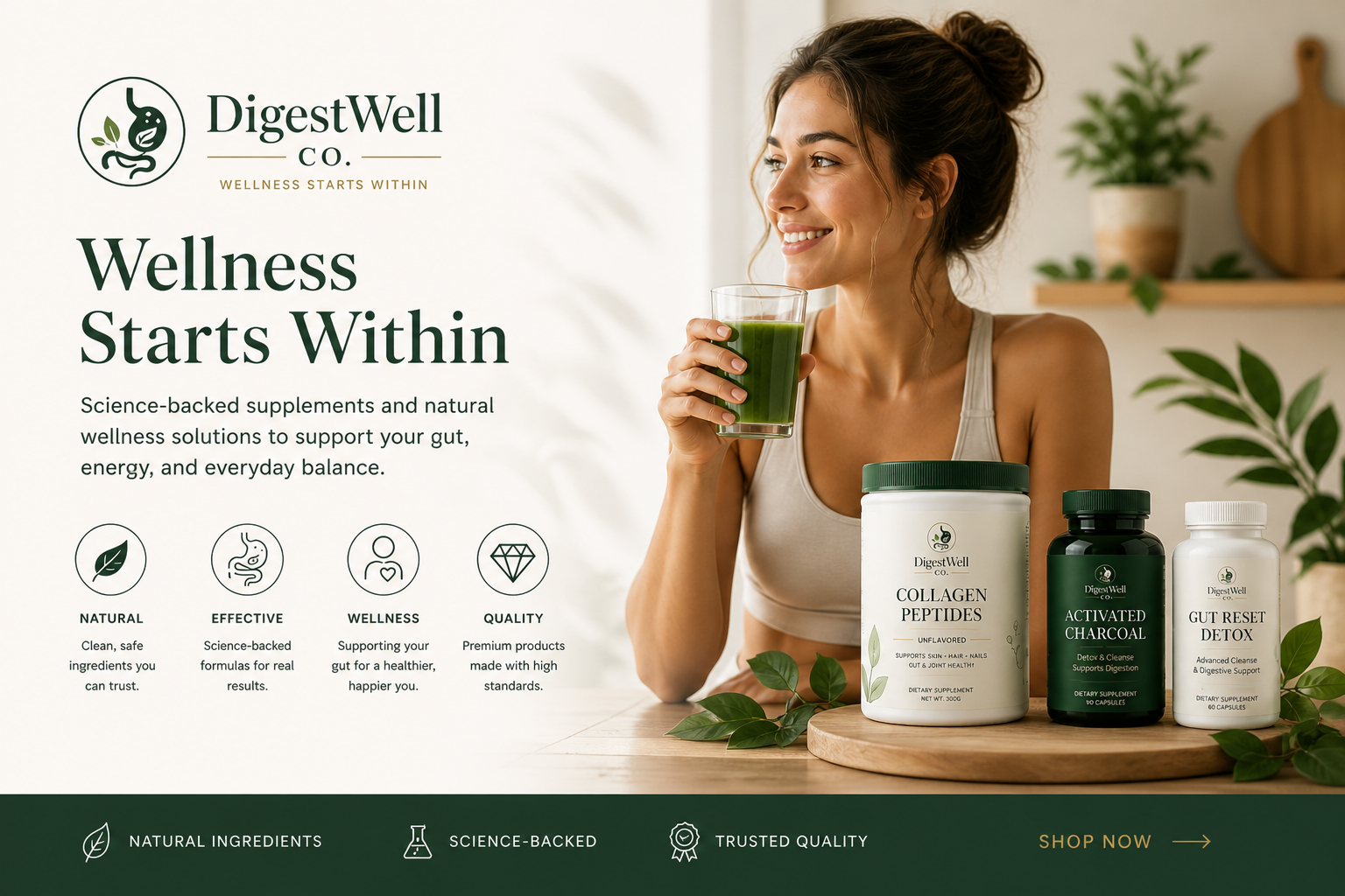 Woman holding a glass of green juice with DigestWell Co. wellness products on a table.