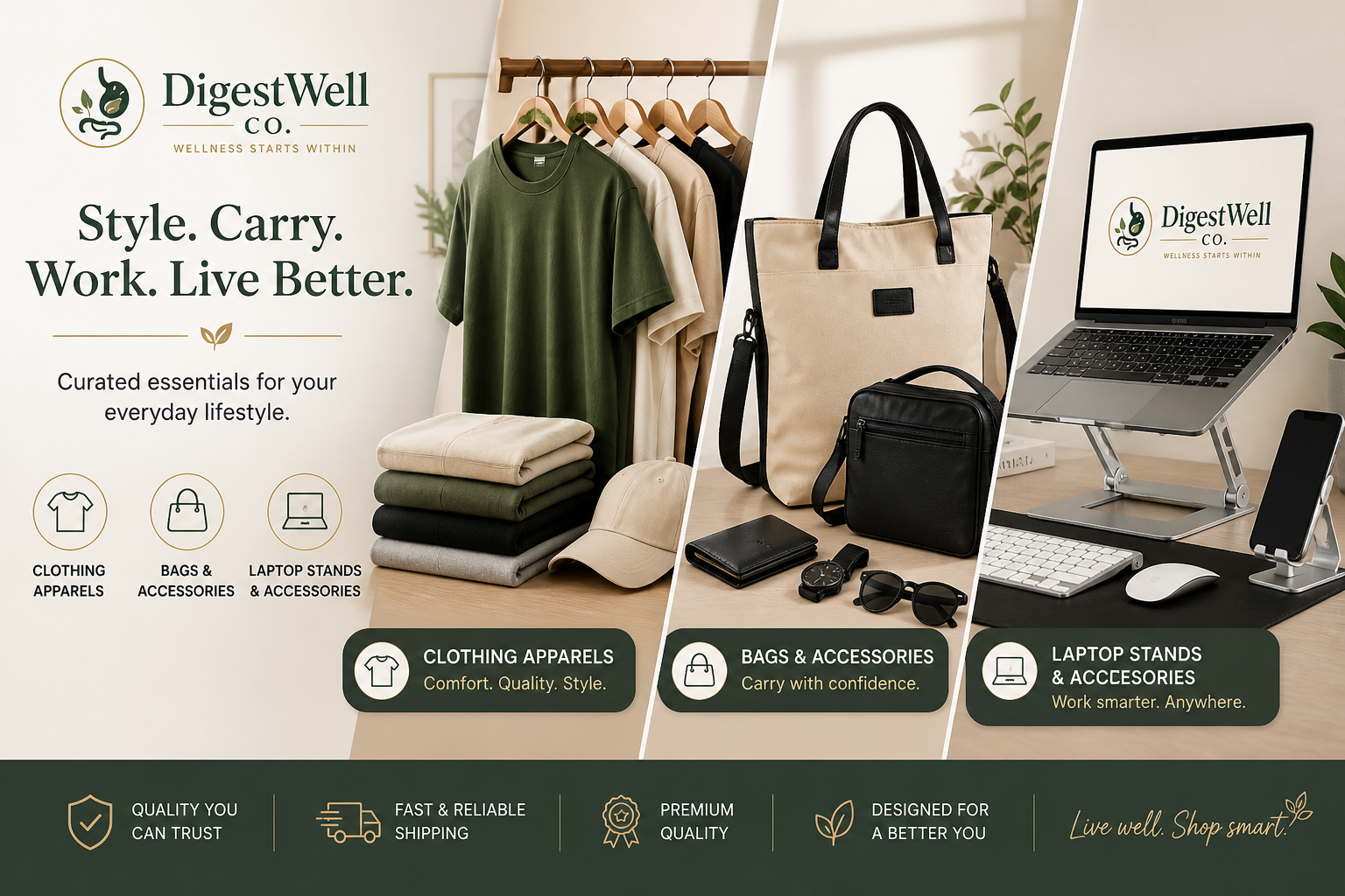 DigestWell Co. brand advertisement featuring clothing, bags, and accessories with a laptop setup.