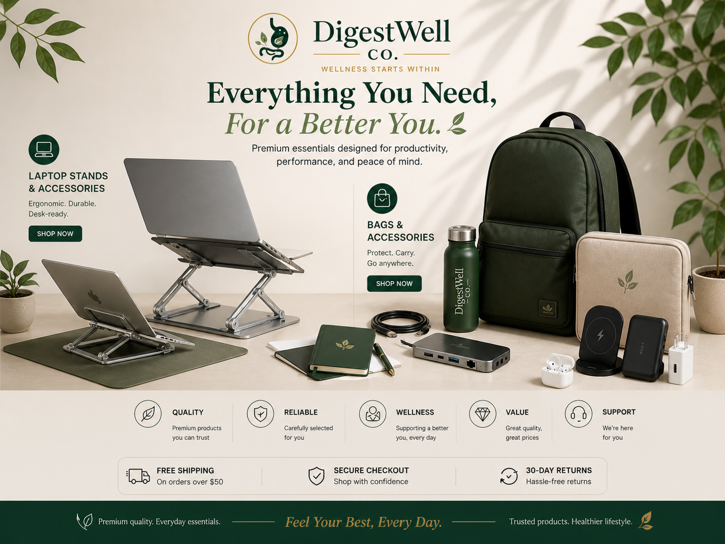 DigestWell co. product display with laptop stands, bags, and accessories on a neutral background.