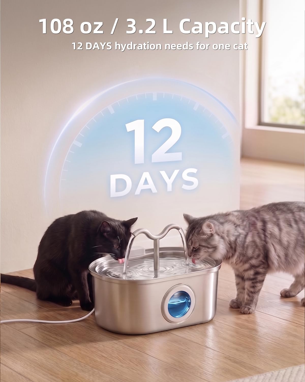 Stainless Steel Cat Water Fountain, 108oz-3.2L Pet Water Fountain For Cats Indoor, With Dual Spouts For Multiple Cats, Ultra-Quiet Automatic Dog Water Dispenser by DigestWell Co.