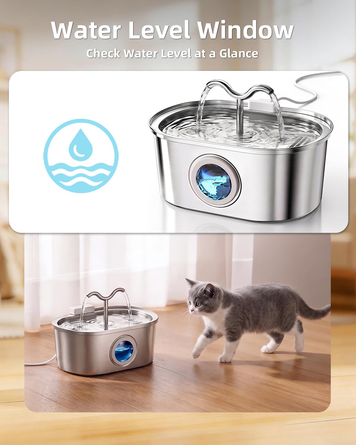 Stainless Steel Cat Water Fountain, 108oz-3.2L Pet Water Fountain For Cats Indoor, With Dual Spouts For Multiple Cats, Ultra-Quiet Automatic Dog Water Dispenser by DigestWell Co.