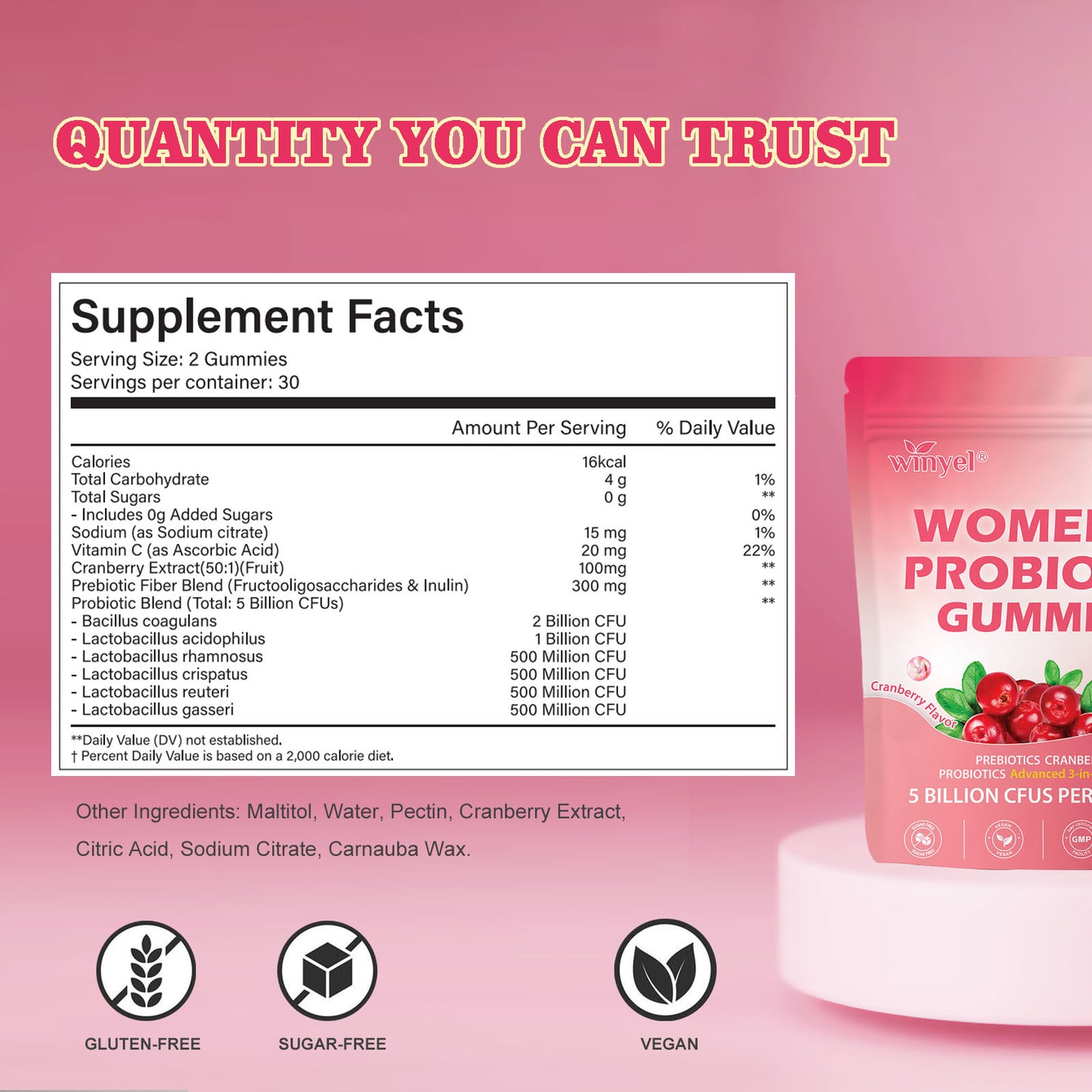 Women's Probiotic Gummies Cranberry Flavor 60 Vegan Gummies Per Pack For Intimate Health PH Balance & Freshness Support Individually Packaged For Convenience - Healthcare, Dietary